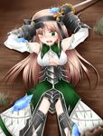  armor breasts burning crystal detached_sleeves fantasy_earth_zero gloves grass green_eyes long_hair lying medium_breasts rapier ribbon shimo_(depthbomb) solo sword tears torn_clothes weapon 