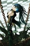  arm_cannon bikini_top black_hair black_rock_shooter black_rock_shooter_(character) boots chain checkered checkered_background coat kotaro_(kotaillust) long_hair scar solo twintails weapon 