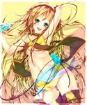 aqua_eyes blonde_hair boots breasts cable cd collar entangled highres lily_(vocaloid) long_hair medium_breasts microphone microphone_stand midriff miniskirt navel nironiro skirt smile solo thigh_boots thighhighs underboob very_long_hair vocaloid zettai_ryouiki 