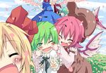  bad_id bad_pixiv_id cherry_blossoms cirno colorized daiyousei fang friends haruka_(aaasld) highres kuroneko_no_toorimichi multiple_girls mystia_lorelei rumia team_9 touhou v wings wriggle_nightbug 