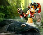  absurdres bad_id bad_pixiv_id blue_eyes brown_hair crop_top elbow_gloves fish gloves goggles goggles_on_head gun highres kousaku midriff nature navel original short_hair snorkel solo tree water weapon zipper 