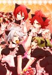  animal_ears blue_eyes cake candy cat_ears character_request crossdressing food green_eyes green_hair inazuma_eleven inazuma_eleven_(series) macaron maid midorikawa_ryuuji multiple_boys nagumo_haruya red_hair suzuno_fuusuke yellow_eyes yupopo_(hidame) 