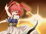  breasts cleavage hair_bobbles hair_ornament koshi-kun medium_breasts onozuka_komachi red_hair scythe short_hair solo touhou 