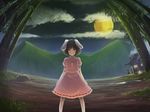  animal_ears bamboo bamboo_forest black_hair bunny_ears carrot fisheye forest full_moon glowing glowing_eyes house inaba_tewi jewelry looking_at_viewer moon mountain multiple_girls nature night pendant red_eyes short_hair smoke standing staring touhou tsukuda yagokoro_eirin 