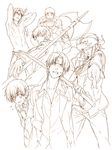  angel_beats! axe bad_id bad_pixiv_id bokken eating food fujimaki_(angel_beats!) lineart male_focus matsushita monochrome multiple_boys noda_(angel_beats!) noodles nue_(zenda) ooyama_(angel_beats!) ramen school_uniform shirtless sword takamatsu tk_(angel_beats!) weapon wooden_sword 