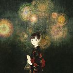  aerial_fireworks bad_id bad_pixiv_id bag bagged_fish banned_artist brown_eyes brown_hair fireworks fish goldfish hair_bun japanese_clothes kimono kumaori_jun original solo 