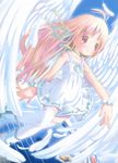  absurdres angel_wings antenna_hair blonde_hair boots bracelet dress feathers highres jewelry long_hair neck_ribbon original parted_lips pop ribbon ribbon-trimmed_skirt ribbon_trim skirt solo thighhighs white_legwear white_wings wings zettai_ryouiki 