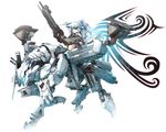  armored_core armored_core:_for_answer dual_wielding grey_hair gun holding mecha mecha_musume ponytail riding roke solo visor weapon white_glint 