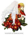  bangs black_gloves blonde_hair character_name copyright_name eyebrows_visible_through_hair feathered_wings flower from_behind gloves hand_on_own_arm holding_arm leaf long_hair looking_at_viewer looking_back mofuko pauldrons red_armor red_eyes red_flower simple_background sizer solo violinist_of_hameln white_background white_wings wings 