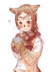  ? animal_ears bad_id bad_pixiv_id blue_eyes blush branch_(blackrabbits) breath brown_hair circlet eating final_fantasy final_fantasy_xi food mithra mittens potato scarf short_hair shy solo 