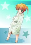  bare_legs blush dress_shirt green_eyes kajikawa_yahiro long_sleeves lyrical_nanoha mahou_shoujo_lyrical_nanoha_strikers no_pants oversized_clothes shirt sleeves_past_fingers sleeves_past_wrists solo standing tareme teana_lanster wading water younger 