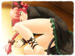  animal_ears ankle_lace-up barefoot bow braid cat_ears closed_eyes cross-laced_footwear dress feet floor hair_bow hair_ribbon kaenbyou_rin lying on_side red_hair ribbon sleeping solo tail thighs touhou twin_braids twintails wooden_floor yamasan 