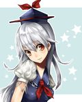  blue_dress blush brown_eyes dress hat kamishirasawa_keine long_hair looking_at_viewer neota puffy_short_sleeves puffy_sleeves short_sleeves silver_hair smile solo tareme tate_eboshi touhou upper_body 