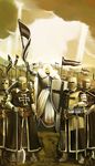 6+boys armor army axe belt breastplate chainmail cloud commentary cross flag full_armor gauntlets hammer helm helmet holding knight knights_hospitaller light_rays looking_at_viewer maltese_cross medieval multiple_boys outdoors outstretched_arm pennant robe scenery sepia shield sky standing sunbeam sunlight tabard teutonic_knights total_war war weapon white_hair yana_yana 