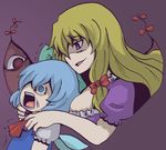  2girls aoi_tobira blonde_hair blue_eyes blue_hair cirno gap hands long_hair multiple_girls open_mouth purple_eyes ribbon scared touhou trembling wings yakumo_yukari you_gonna_get_raped 