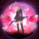  animal_ears bad_id bad_pixiv_id black_legwear blazer bunny_ears eyes glowing glowing_eyes gun handgun jacket long_hair petticoat pleated_skirt purple_hair red_eyes reisen_udongein_inaba revolver skirt skirt_lift solo thighhighs touhou tsurusaki_yuu weapon 