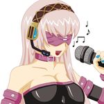  asakawa_yuu blindfold breasts cleavage collar cosplay dress fate/stay_night fate_(series) headset large_breasts long_hair mask megurine_luka microphone musical_note parody rider rider_(cosplay) seiyuu_connection shirue solo strapless strapless_dress very_long_hair vocaloid 