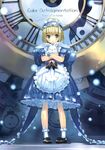  absurdres alice_(wonderland) alice_in_wonderland apron blonde_hair bunny clock dress gears green_eyes highres short_hair solo ueda_ryou white_rabbit 