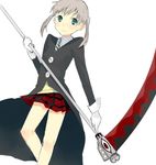  buttons collar eka_eri gloves green_eyes holding holding_weapon long_sleeves looking_at_viewer maka_albarn miniskirt plaid plaid_skirt red_skirt scythe silver_hair simple_background skirt solo soul_eater weapon white_background white_gloves 