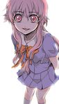  arms_behind_back backlighting crazy_eyes eyelashes gasai_yuno hair_ribbon kca long_hair mirai_nikki pink_eyes pink_hair ribbon school_uniform solo staring wide-eyed yandere 