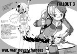  blood bullet english fallout fallout_3 greyscale jumpsuit lone_wanderer monochrome multiple_girls raider shishkebab_(fallout) translation_request zakone 