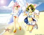  animal_ears beach bikini bunny_ears cat_ears day dejiko di_gi_charat green_eyes green_hair koge_donbo long_hair multiple_girls non-web_source one_eye_closed outdoors pink_hair red_eyes sandals short_hair surfboard swimsuit usada_hikaru wallpaper 