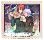  1girl bad_id bad_pixiv_id bell bring_stabity christmas cookie couple food gingerbread_man gundam gundam_00 hetero highres innovator kippu merry_christmas mittens purple_hair red_eyes red_hair revive_revival scarf 