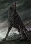  fangs fenrir_(mythology) giant gleipnir_(mythology) muted_color no_humans norse_mythology red_eyes solo tail wolf 