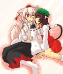  animal_ears blush cat_ears cat_tail chen closed_eyes harukatron hat inubashiri_momiji multiple_girls one_eye_closed tail tokin_hat touhou wolf_ears wolf_tail 