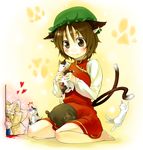  animal_ears barefoot blood cat chen chibi full_body highres ichi_makoto multiple_girls multiple_tails nosebleed tail touhou yakumo_ran 