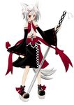  animal_ears ashu13_(azu) blush detached_sleeves gothic_lolita inubashiri_momiji lolita_fashion necktie platform_footwear red_eyes ribbon short_hair silver_hair solo sword tail touhou weapon wolf_ears wolf_tail 