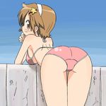  ass bent_over bikini brown_eyes brown_hair fence nemuro_nao original short_hair solo swimsuit 