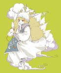 blonde_hair cloud fox_mask green_background hat long_sleeves mask multiple_tails nikoro pillow_hat shoes short_hair solo tabard tail tassel touhou wide_sleeves yakumo_ran 