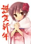  brown_eyes flower hijiki_(hijikini) japanese_clothes nagato_yuki new_year short_hair silver_hair solo suzumiya_haruhi_no_yuuutsu 