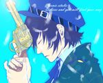  androgynous blue_hair bow cabbie_hat closed_eyes colt_saa detective feathers gun handgun hat mizuno_(hal0527) persona persona_4 reverse_trap revolver shirogane_naoto short_hair solo weapon 