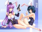  animal_ears bad_id bad_pixiv_id bare_legs black_hair bow bowtie breasts bunny_ears bunny_girl bunny_tail bunnysuit cleavage gun handgun hat high_heels inaba_tewi large_breasts legs long_hair medium_breasts multiple_girls pico_(picollector79) pistol purple_hair red_eyes reisen_udongein_inaba shoes short_hair tail touhou trigger_discipline v wallpaper weapon 