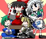  :d apron blonde_hair blue_dress brown_hair dress full_body green_hair grin hakurei_reimu hat head_tilt izayoi_sakuya kieyza kirisame_marisa kochiya_sanae multiple_girls open_mouth silver_hair smile standing sunburst table touhou twintails waist_apron witch_hat 