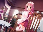  apron blonde_hair blue_hair bow brown_hair chair charlotte_greensvale closed_eyes cup dutch_angle from_below g_munyo game_cg green_hair greensvale_no_mori_no_naka long_hair maid maid_headdress open_mouth pink_eyes pink_hair school_uniform short_hair solo table teacup thighhighs tray very_long_hair waitress white_legwear 