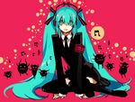  armband formal green_eyes green_hair hatsune_miku long_hair necktie sitting skirt_suit solo starshadowmagician suit thighhighs twintails very_long_hair vocaloid 