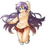  blue_eyes hiiragi_miki jumping long_hair lucky_star plaid plaid_skirt purple_hair shing_(sorairo_factory) simple_background skirt solo sweater white_background 