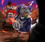  action battle blood braid gloves izayoi_sakuya knife maid mouth_hold red_eyes running shirow_(crazy) short_hair silver_hair solo touhou triple_wielding twin_braids weapon 