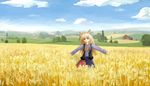  animal_ears brown_hair cloud day field holo long_hair red_eyes scenery sky solo spice_and_wolf teke_(pixiv296120) wheat wolf_ears 