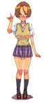  blush brown_hair glasses kneehighs oira_(kagaribi) original plaid plaid_skirt school_uniform short_hair skirt socks solo sweater_vest vest 