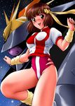  blush breasts brown_eyes brown_hair gunbuster headband jpeg_artifacts jumping large_breasts leotard mecha open_mouth pink_leotard shingyouji_tatsuya smile solo super_robot takaya_noriko top_wo_nerae! wristband 