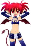  bat_wings demon_girl disgaea earrings elbow_gloves etna fangs gloves gofu hands_on_own_head jewelry midriff navel pointy_ears red_eyes red_hair solo tail thighhighs wings 