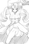  arcana_heart arcana_heart_2 armpits bare_shoulders breasts cleavage crossed_legs dress drill_hair elbow_gloves gloves greyscale gun huge_breasts long_hair monochrome petra_johanna_lagerkvist sitting solo thighhighs utamaro weapon 