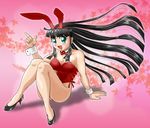  animal_ears bangs bare_legs black_hair blunt_bangs bunny_ears bunnysuit green_eyes long_hair original pekepeke solo 