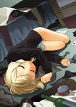  :o bed blonde_hair closed_eyes dutch_angle erica_hartmann iron_cross lying mao_yu no_pants on_floor on_side panties short_hair sleeping solo strike_witches underwear uniform world_witches_series 