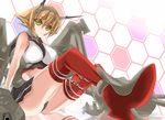  anchor bad_id bad_pixiv_id breasts brown_hair gloves green_eyes highres honeycomb_(pattern) honeycomb_background kantai_collection large_breasts marionette_(excle) midriff mutsu_(kantai_collection) red_legwear short_hair sitting smile solo thighhighs white_gloves 