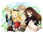  2girls agnes_oblige bad_id bad_pixiv_id blonde_hair blue_eyes book bravely_default:_flying_fairy bravely_default_(series) brown_eyes brown_hair edea_lee gloves group_picture group_profile hairband lineup long_hair multiple_boys multiple_girls one_eye_closed pantyhose profile ribbon ringabel smile soyu_(game_love) tiz_oria 